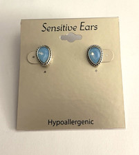 New Sensitive Ears Silvertone Blue Stud Pierced Hypoallergenic Earrings