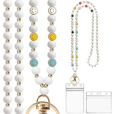 Smile Teacher Lanyard Cute ID Holder Women Natural Wooden Beaded White