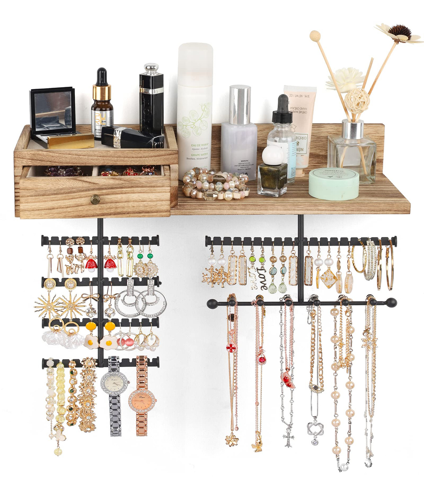 Rustic Wood Wall-Mounted Jewelry Organizer with Drawer Storage  -image