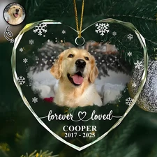 Custom Photo Forever Loved Memorial Dog Cat, Heart Shaped Glass Ornament