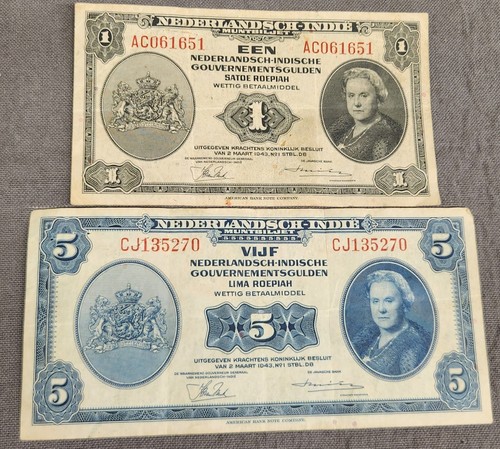 1943 Nederlandsch-Indie Netherlands 1 & 5 Gulden Notes (lot Of 2) WW2