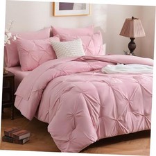 Queen Comforter Set, 7 Pieces Pink Pintuck Bed in a Bag  Soft All Season
