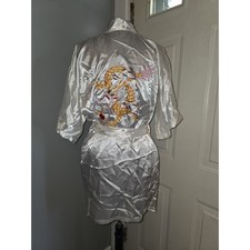 Embroidered Dragon Kimono Robe Smoking Dressing Gown White Silky Unisex Lounge