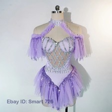 Women Rhinestones Ruffle Bodysuit Singer Dancer Stage Wear Performance Costume