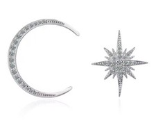 NEW White Gold-Plated S925 Asymmetric Moon  Star Stud CZ Earrings, 2.2 x 1.8cm