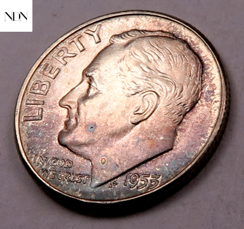 1953 Roosevelt Dime - Gem BU (rainbow toned) - Better Date - 90% Silver #D437 - Picture 1 of 4