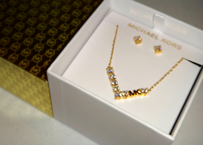 MICHAEL KORS Gift SET Rose Gold Necklace & Earrings MK Logo
