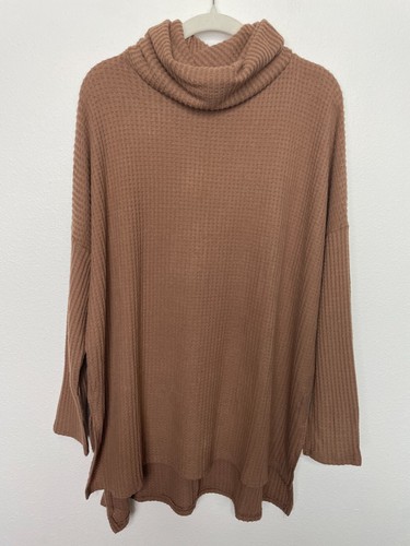 Zenana Thermal Waffle Knit Cowl Neck Hi-Low Tunic Oversized Sweater Cocoa Rayon - 第 10/21 張圖片