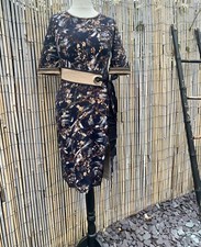 Designer Style Japanese Blossom Printed Neopren Stretch Belted Dress Size M