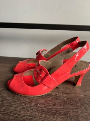 Anyi Lu Tulip Red Patent Leather Slingback Peep Toe Mary Jane Heels Size 