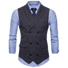 Mens Vests Double Breasted Plaids Checks Waistcoats Formal Dress Tops Vests Tops