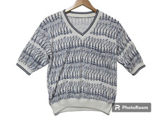 Sz S Vintage 70s-80s Mens SAILBOATS V-Neck Short Sleeve Polo Knit Off White
