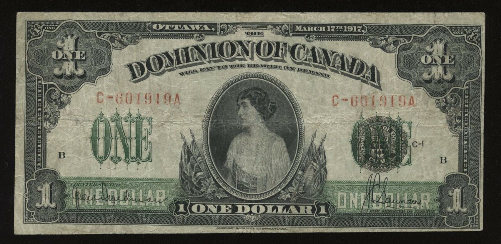 1917 Dominion of Canada $1 - DC-23c. Fine+ S/N: C-601919A/B. Seal over One.