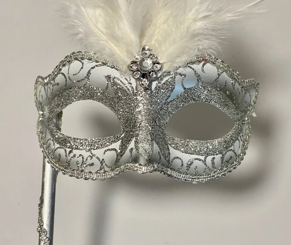 Authentic Venetian Face Mask Silver Fancy Dress Masquerade Handmade Real Feather - Image 4 of 4