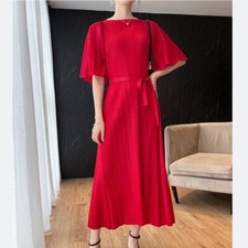 Women Summer Pleated Elegant Casual Lace Up Dress Half Sleeve Long Dress