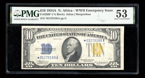 DBR 1934-A $10 North Africa Silver STAR Fr. 2309* PMG 53 Serial *01270189A - Picture 1 of 2