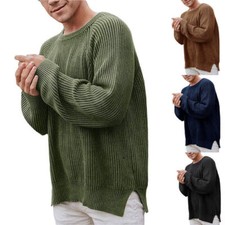 Mens Round Neck Jumper Knitted Long Sleeve Pullover Sweater Warm Knitwear Tops