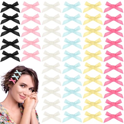 60 Pcs Satin Hair Ribbon Clips Mini Cute Bow Hair Clips Small Bowknot Barrett...