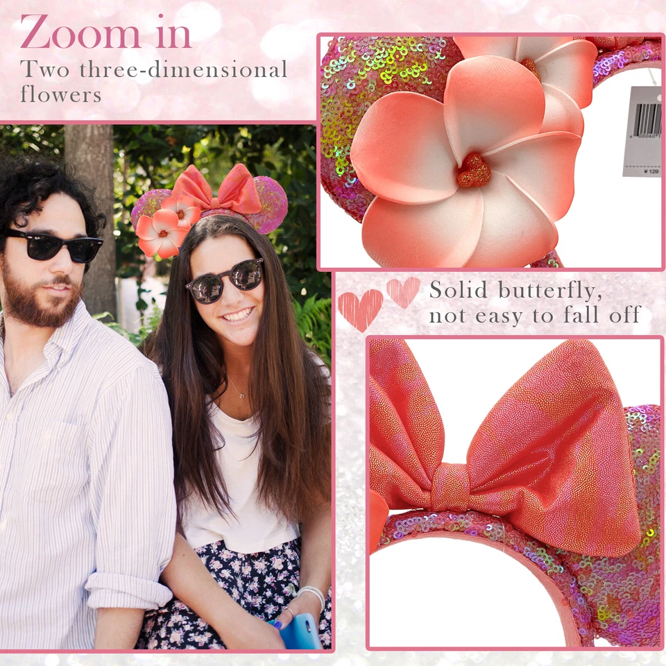 Aulani Hawaii Disney Diadema Naranja Lentejuelas Rosa Orejas Mickey Mouse Plumeria Foto 2 de 4