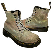 Dr. Martens Girls Pascal Silver Iridescent Laced Side Zip Combat Boots Size 12 