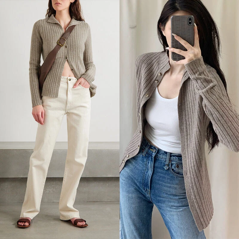 KHAITE Алашан кашемир яма полоски кардиган свитер куртка старые деньги весна - Изображение 2 из 4