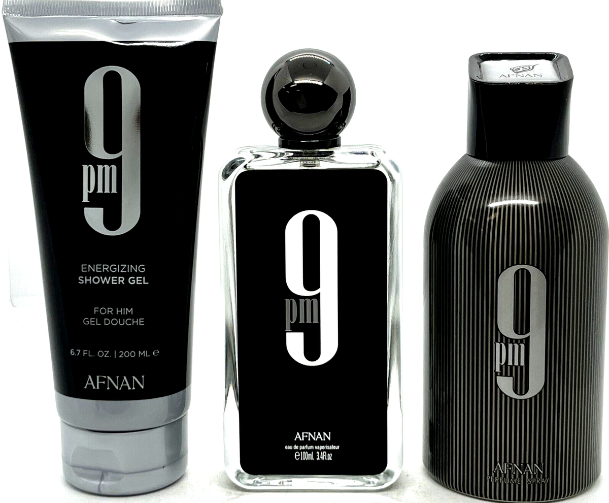 AFNAN 9 PM FOR MEN 3 PCS GIFT SET EDP 3.4 Oz, SHOWER GEL