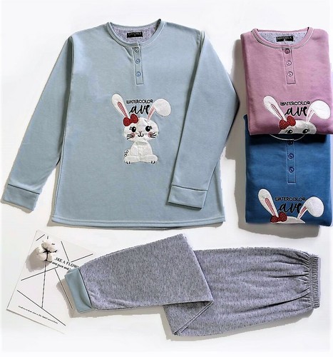 PYJAMA FEMME COTON MOLLETONNE. " LAPIN " F 1178. VIEUX ROSE. - Foto 4 di 7