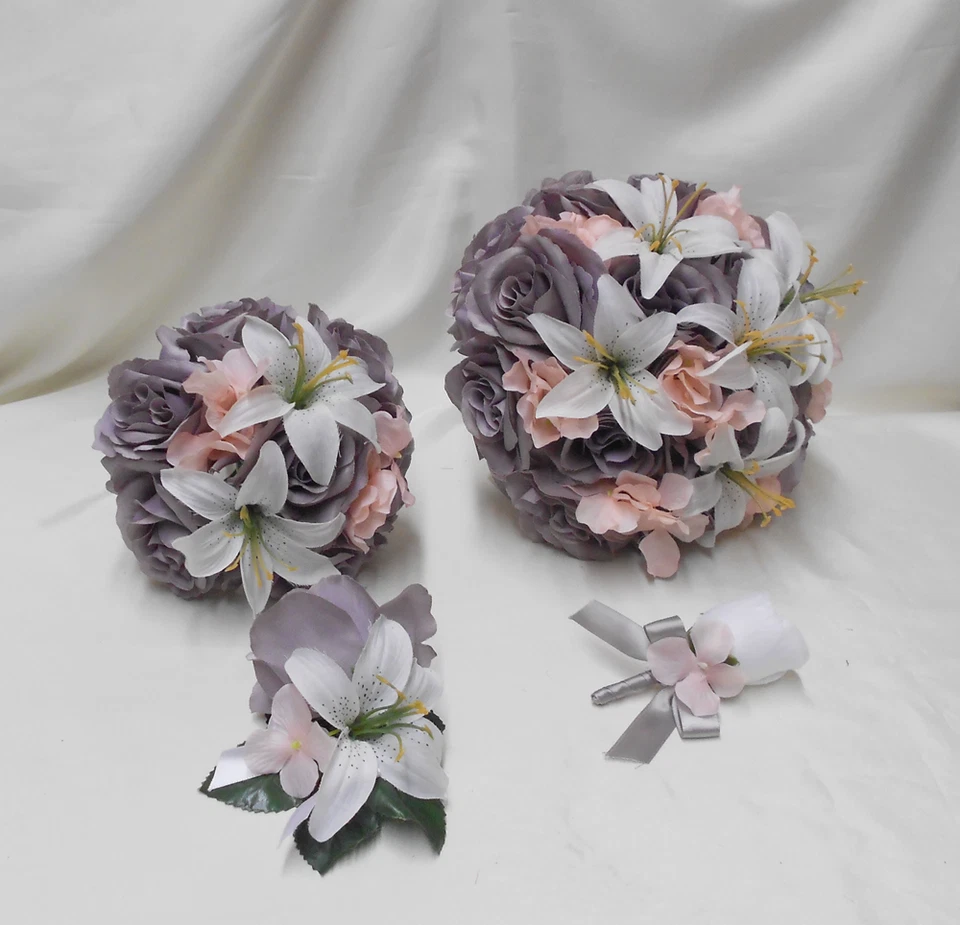 18 Piece Package Silk Flower Wedding Bridal Bouquet Grey White Lily Peach Blush - Image 4 of 4