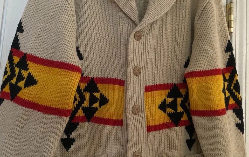 Cardigã suéter masculino vintage anos 70 Miller Outer Wear malha tribal asteca sudoeste G - Imagem 4 de 4