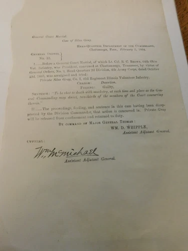 Civil War Document- 42nd Illinois Infantry Pat Silas Gray COURT MARTIAL DESERTER