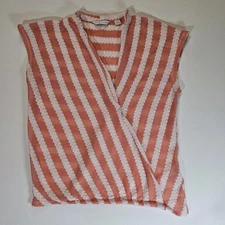 New York And Company Top Womens Coral White Stripe Wrap Front Coastal Blouse 