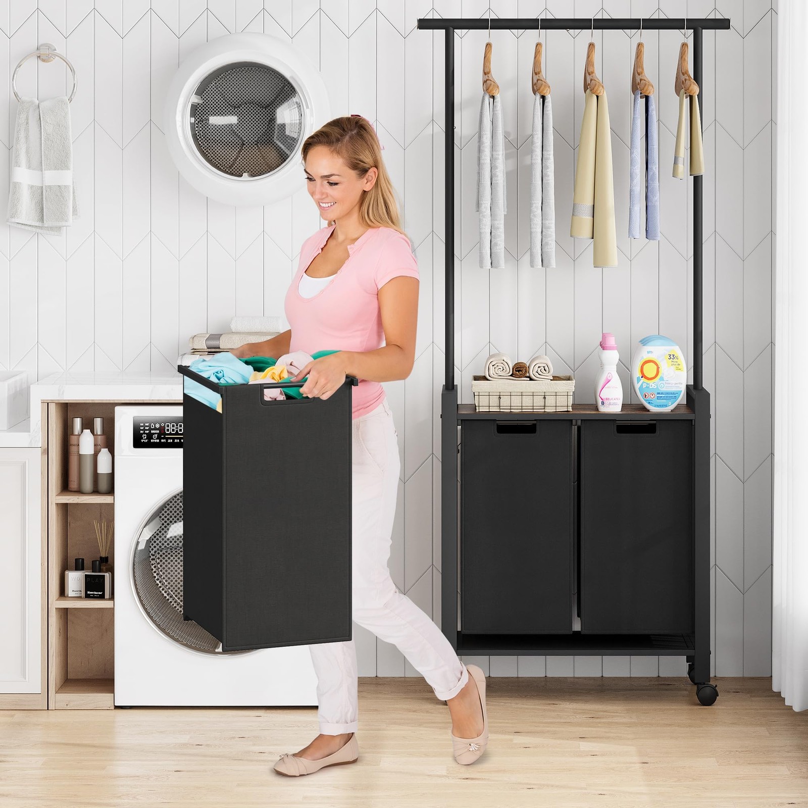 Cart With Hanging Rack & Shelf & Wheels