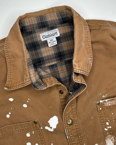 Carhartt Duck Canvas Flannel Lined Jacket S96BRN Paint Splatter Distressed 2XL - Picture 3 of 9