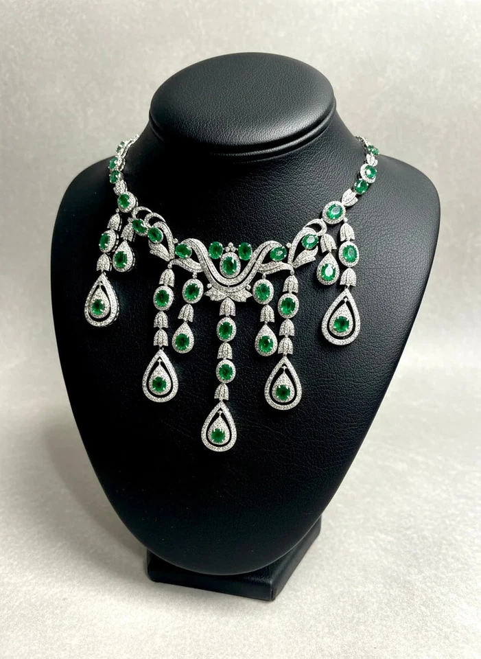 Estate Emerald and Diamond 18K White Gold Necklace and Earring Set - Image 3 of 3