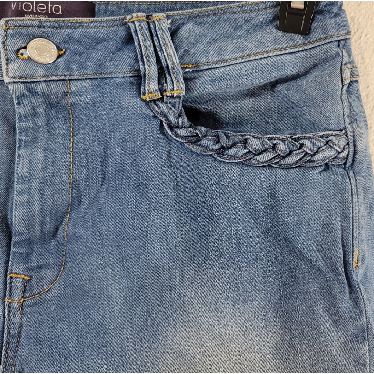 Violeta By Mango Blue Stone Washed Braided Pockets Bermuda Denim Shorts 12 Soft thumbnail 2