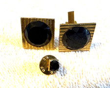Square Black Gold Toned Vintage Cuff Links with Black Faceted Stone  Tie Tac