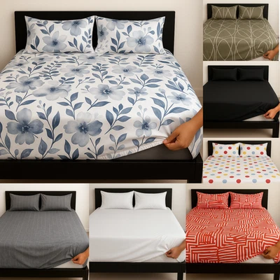 Ziora Poly Cotton Fitted Bed Sheet Set with Pillow Covers Soft Elastic Bedding