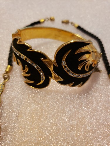 Vintage Matching Bracelet And Necklace Black With Rhinestones Feather Design - Picture 5 of 5