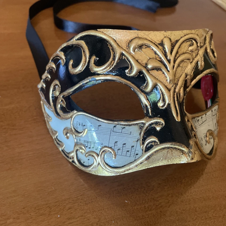 Pier 1 Hand Painted Black White Gold Masquerade Mask Wall Decor Made In Italy - Image 2 of 4