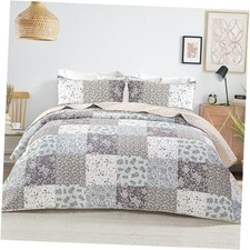 Patchwork Quilt King Size, Extra Soft Boho Floral King 96"x104" Light Grey