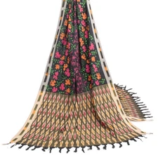 Sushila Vintage Black Dupatta 100% Pure Cotton Hand Woven Ikkat Long Stole Wrap