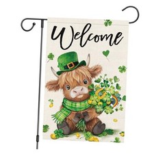 Welcome St. Patrick's Day Garden Flag 12x18 Double Sided Burlap, Highland Cow