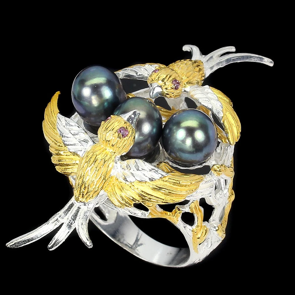 925 Sterling Silber Ring Perle Schwarz Tahitan Farbe Rhodolith Edelstein Schmuck - Bild 2 von 4