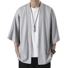 Vintage Japanese Kimono Cardigan Men's Loose Open Front Haori Jacket Gray Casual