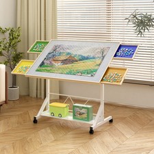 1500 Piece Puzzle Table White Wooden with Drawer Adjustable Height 360 Tilt