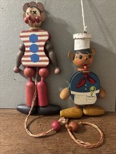 Pair Of Wood Pull String Clown Baker Puppet Made In Austria Vintage