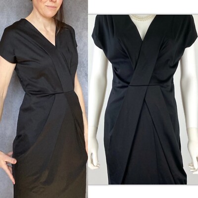 JIL SANDER Dress Sz 38 black Sateen cotton v neck pleated criss cross US 2 4