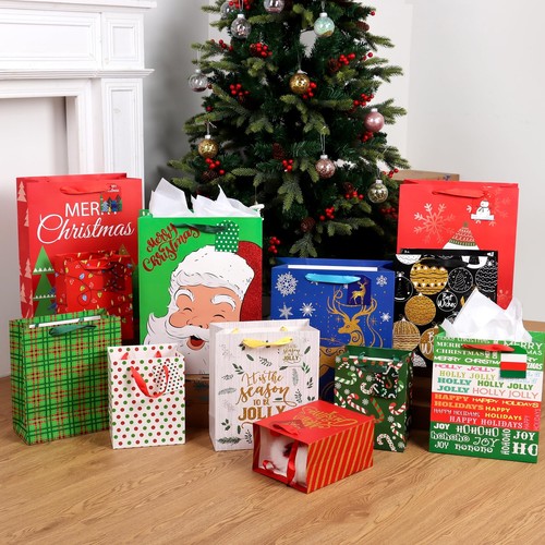 12 PCS Christmas Gift Bags Assorted Sizes with Tags Tissue Paper Tote Handles - Picture 6 of 9