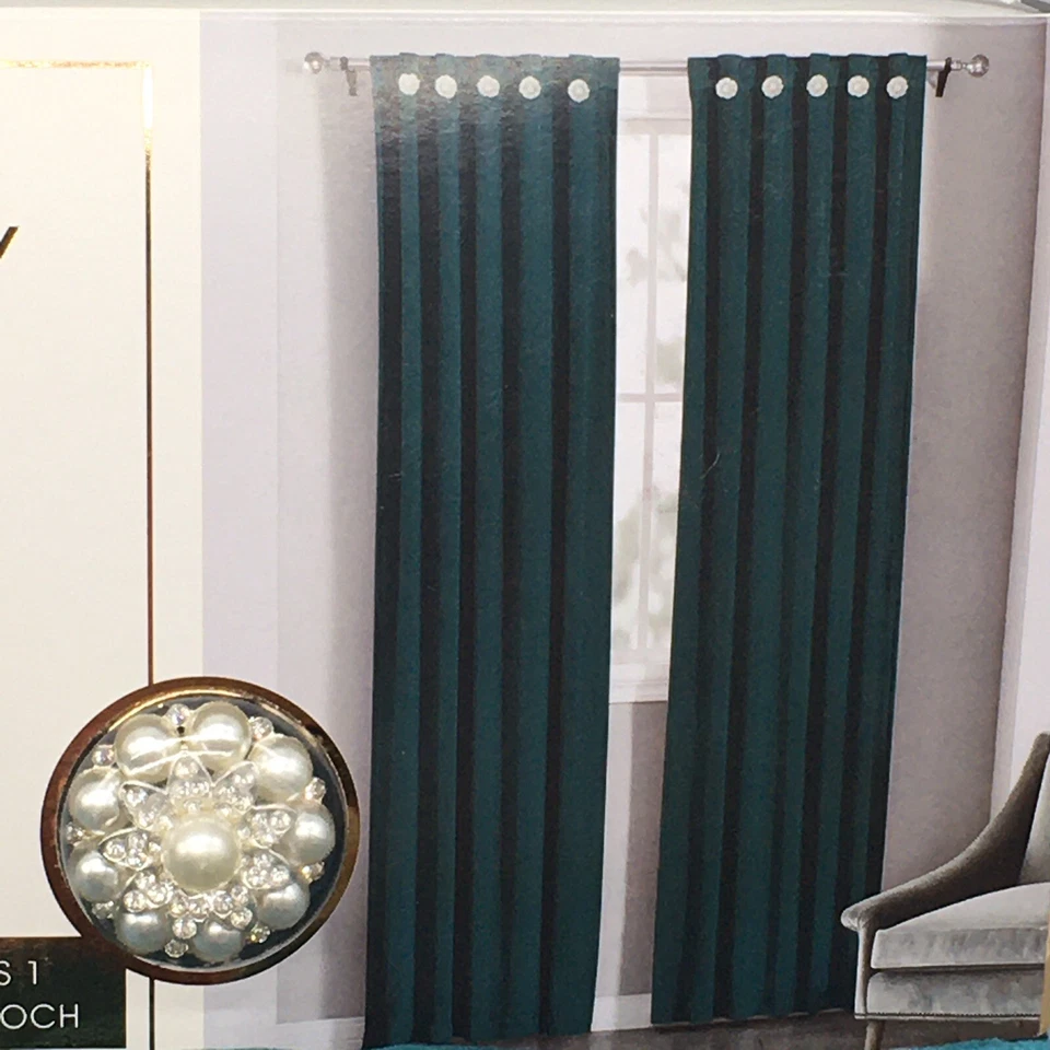 Cortinas de terciopelo verde Cynthia Rowley paneles de ventana 50x96 detalles de perlas de lujo 2 piezas Foto 4 de 4