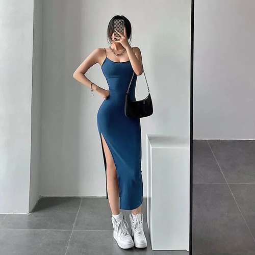New Sexy Sleeveless Slim Long Dress Party Club High Split Strap Dresses Woman - Picture 1 of 24